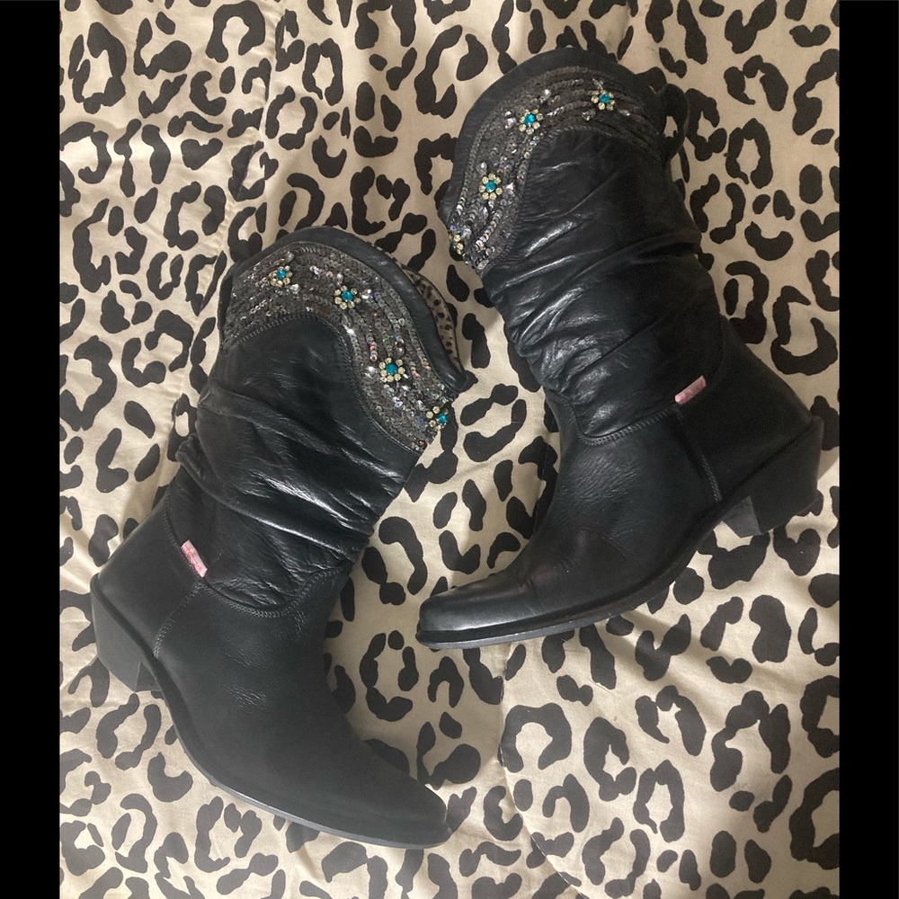 Roberto Cavalli Angels Western Silver Sequin Slouch Boots  size 36